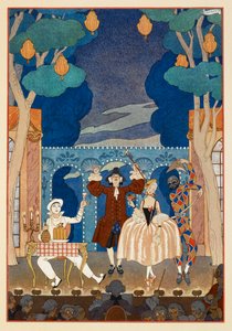 Pantomime. Pierrot und Harlekin. Ein Mann und eine hübsche Frau. Alles auf einer Bühne.