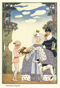 Königin Elisabeth wäscht ihre Hände in einer Schüssel, die von ihrem Pagen gehalten wird. 1928 (Druck)