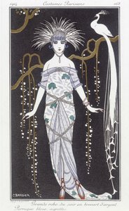 Silberbrokat-Abendkleid und Perücke - Illustration von George Barbier (1882-1932) in „Journal des dames et des modes: Costumes Parisiens“