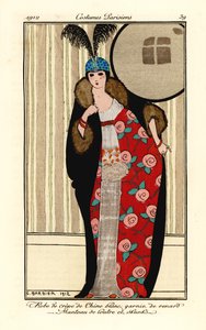Frau im weißen Krepp-de-Chine-Kleid, Umhang aus Otter- und Stinktierfell mit Blumenmuster gefüttert, Schädelkappe mit Federn. Robe de crepe de chine blanc garnie de renard, manteau de loutre et skunks. Handkolorierte Pochoir-Radierung nach einer Illustrati