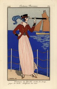 Frau in Yacht-Outfit mit einem Teleskop