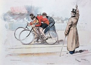 Radrennen: der Start - Zeichnung von G. Scott