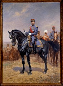 Erster Weltkrieg: „Reiterporträt von Ferdinand Foch (1851-1929), Marschall von Frankreich“ Hinter ihm, Douglas Haig, Armando Diaz und Maxime Weygang. Gemälde von Georges Bertin Scott (1873-1942) genannt Scott de Plagnolles 1930 von Georges Bertin Scott