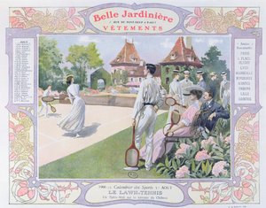 Rasen-Tennis, Illustration für August aus einem Kalender für das Bekleidungsgeschäft 