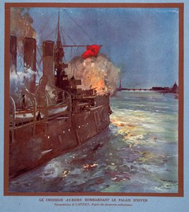 Der Kreuzer Aurora feuert auf den Winterpalast, aus Histoire des Soviets, veröffentlicht 1922