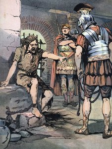 Gallischer Krieg: Der gallische Krieger Vercingetorix als Gefangener in den römischen Waffen von Julius Caesar in den Gefängnissen des Tullianum, 46 v. Chr. Illustration von von Georges Conrad