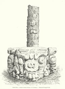 Maya-Steinaltar und Idol aus Guatemala (Gravur) von Georges Ernest Profit