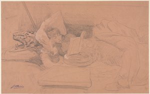 Sarah Bernhardt auf einem Diwan liegend, lesend