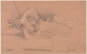 Sarah Bernhardt liegend auf einem Diwan, lesend