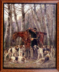 Beladung eines während einer Pferdejagd erlegten Hirsches - Zeichnung von Georges La Roque, ca. 1900 von Georges La Roque
