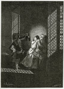 Die Liebenden Ethel und Ordener werden von Leutnant d’Alpheld gefangen - Illustration aus Han d’Islande, 19. Jahrhundert