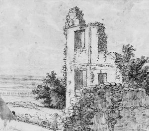 Eine Allee von Bäumen in einem Park (recto), Die Ruinen eines Gebäudes auf einem Hügel (verso), n.d. von Georges Michel