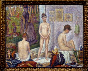 Aufstellung, kleine Version, links das Gemälde Ein Sonntagnachmittag auf der Insel La Grande Jatte von Georges Seurat, 1888, Privatsammlung