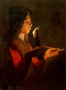 Ein kleiner Junge mit einer Pfeife, der auf einen Feuerbrand bläst Le Souffleur à la pipe von Georges de, La Tour