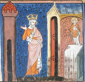 Karl der Große ehrt St. Denis, aus Chroniques de France ou de St Denis, 14. Jahrhundert
