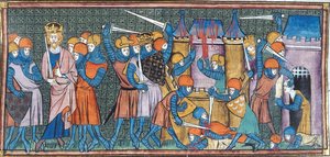 Karl der Große erobert 2 Burgen, aus Chroniques de France ou de St Denis, 14. Jahrhundert