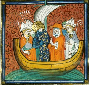 Konzil an Bord eines Schiffes, aus Chroniques de France ou de St Denis, 14. Jahrhundert