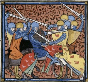 Ebroin besiegt die Austrasier, aus Les Grandes chroniques de France, Royal 16 G VI f.114v, ca. 1332-1350 von Georgia Levan Ramishvili from Tbilisi
