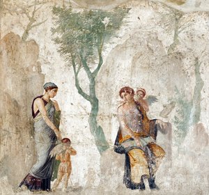 Eros von Peitho zu Aphrodite gebracht, während Anteros über seine Bestrafung lacht, Pompejanisches Fresko, ca. 25 v. Chr.