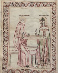 Guido von Arezzo und Bischof Tedald arbeiten am Monochord, 11. Jahrhundert Miniatur
