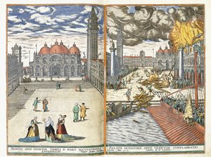 Die Piazza San Marco und der Brand des Palazzo Senatorii, ca. 1577-8 von Georgius Housnaglius