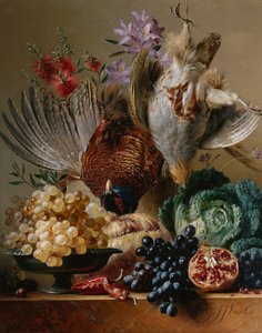 Toter Fasan, Rebhuhn, Trauben, Kohl, Obst und Blumen auf einem Sims von Georgius Jacobus Johannes van (after) Os