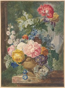 Blumenstrauß in einer Vase, dabei ein Vogelnest von Georgius Jacobus Johannes van Os