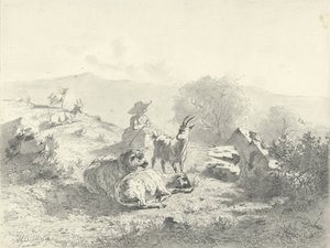 Hirtin mit Ziegen und Schafen in bergiger Landschaft von Gerard Bilders