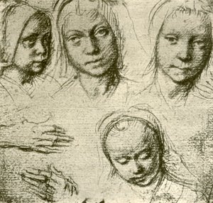 Vier Köpfe eines jungen Mädchens und zwei Hände, um 1500-1505, 1908