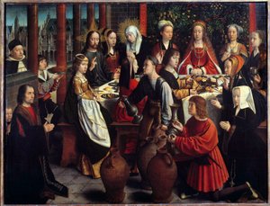 Die Hochzeit zu Kana (Das Wunder der Wasserverwandlung in Wein während eines Hochzeitsbanketts, zu dem Jesus und Maria eingeladen sind) (Gemälde von Gerard David)