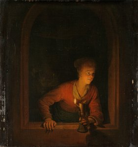 Mädchen mit einer Öllampe am Fenster
