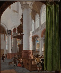 Innenraum der Oude Kerk in Delft, mit einer Trompe-l’Oeil-Vorhang