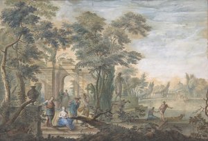 Arkadische Landschaft mit mehreren Figuren und einer Statue der Diana