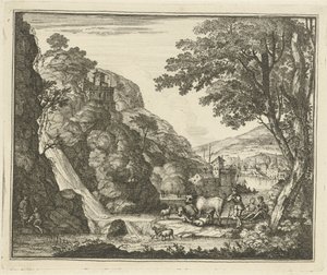 Hirte mit Tieren bei einem Wasserfall
