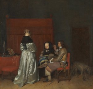 Drei Figuren im Gespräch in einem Innenraum Die väterliche Ermahnung, ca. 1654 von Gerard Ter Borch the Younger