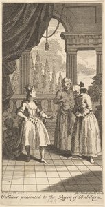 Gulliver wird der Königin von Babilary vorgestellt, Frontispiz zu The Travels of Mr., Februar 1730