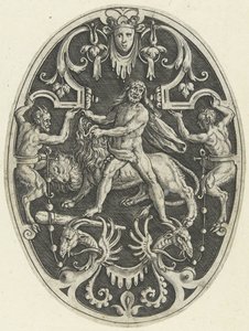 Flächendekoration: Herkules und der nemeische Löwe (Ovale Flächendekorationen mit den Taten des Herkules in Grotesken)