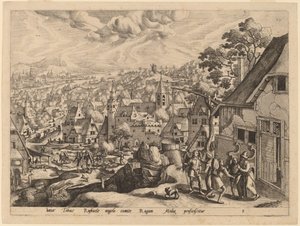 Der Erzengel Raphael nimmt Tobias aus seinem Haus von Gerard de Jode after Hans Bol