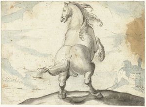 Steigendes Pferd vor einer italienischen Hafenansicht von Gerard ter Borch (I)