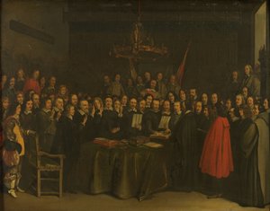 Ratifizierung des Friedens von Münster zwischen Spanien und der Niederländischen Republik im Rathaus von Münster, 15. Mai 1648