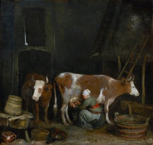 Eine Magd melkt eine Kuh in einer Scheune von Gerard ter Borch