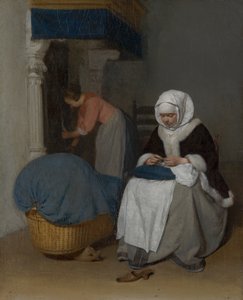 Frau näht neben einer Wiege, um 1656 von Gerard ter Borch