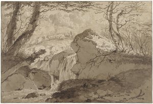 Berglandschaft mit Wasserfall zwischen Bäumen, entlang dem ein Schäfer seine Herde führt von Gerard van Nijmegen