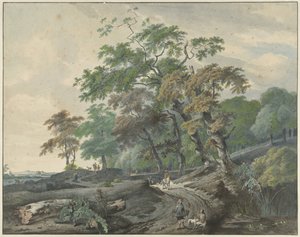 Landschaft mit einem Weg durch einen Wald und einem Falkner von Gerard van Nijmegen