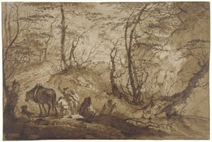 Auf einem Waldweg zieht ein Pferd einen Baum aus einer Pfütze, angeführt von vier Männern von Gerard van Nijmegen