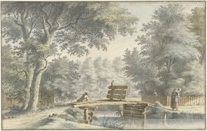 Landschaft mit einer Brücke, auf der ein Angler steht von Gerard van Rossum
