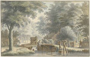 Landschaft mit einer Brücke, auf der ein Angler steht von Gerard van Rossum
