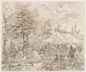 Kampf zwischen Kavallerie und Fußvolk in Hügellandschaft von Gerardus Emaus de Micault