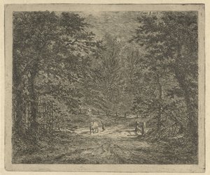 Hirtin mit Kuh im Wald von Gerardus Emaus de Micault