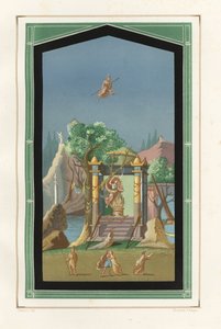 Landschaftsgemälde aus der Exedra im Haus des Vesonius Primus, ein Fuller. Chromolithographie von Victor Steeger nach einer Illustration von Geremia Discanno aus Emile Presuhn (1844-1878) Die schönsten Gemälde von Pompeji, Leipzig